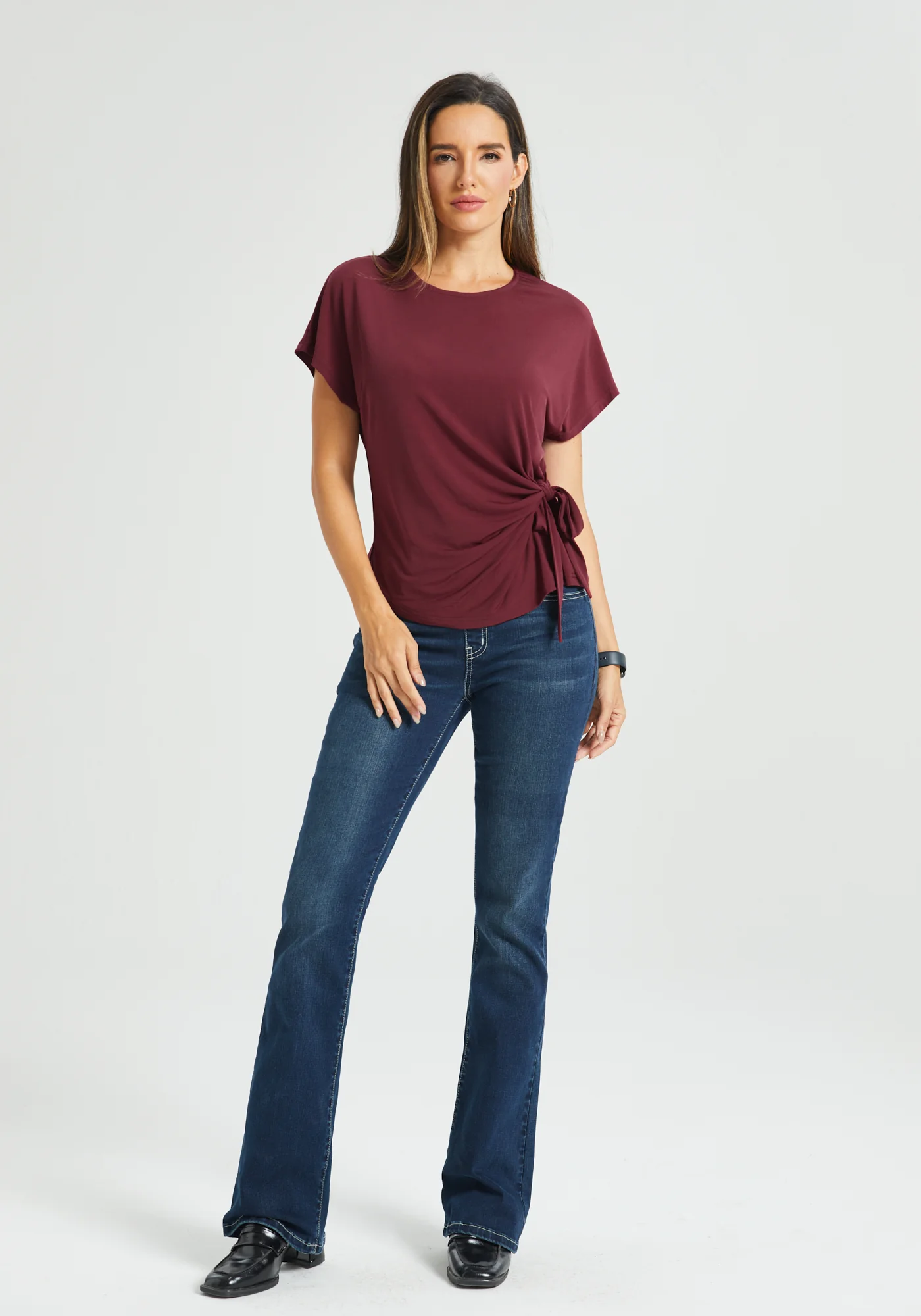 Tie Waist Boatneck Top (Burgundy) - Image 5