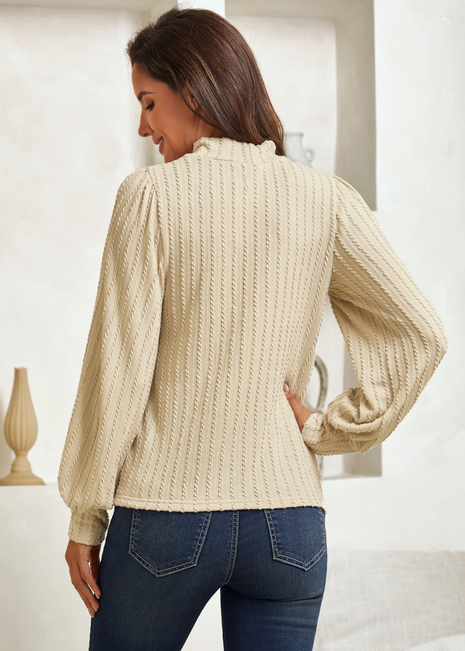 MiniCable Puff Sleeve Mockneck (Oatmeal) - Final Sale - Image 4